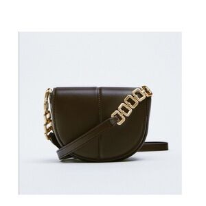 Zara 100% Leather Crossbody/Shoulder Bag W Gold Chain Hardware Black